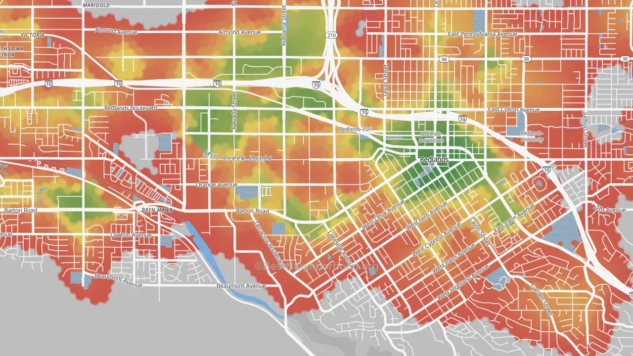 Walk Grade map of West Redlands, Redlands, CA, walkable areas in green and car-dependent areas in red