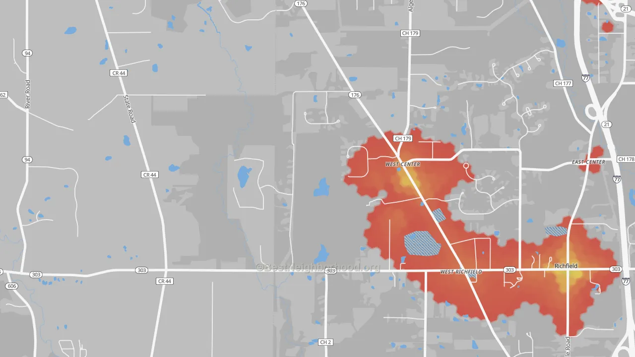Walk Grade map of West Richfield, OH, walkable areas in green and car-dependent areas in red