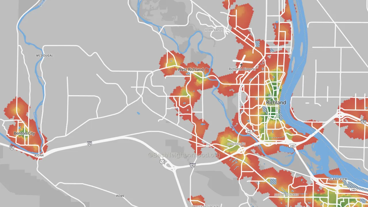 Walk Grade map of West Richland, WA, walkable areas in green and car-dependent areas in red