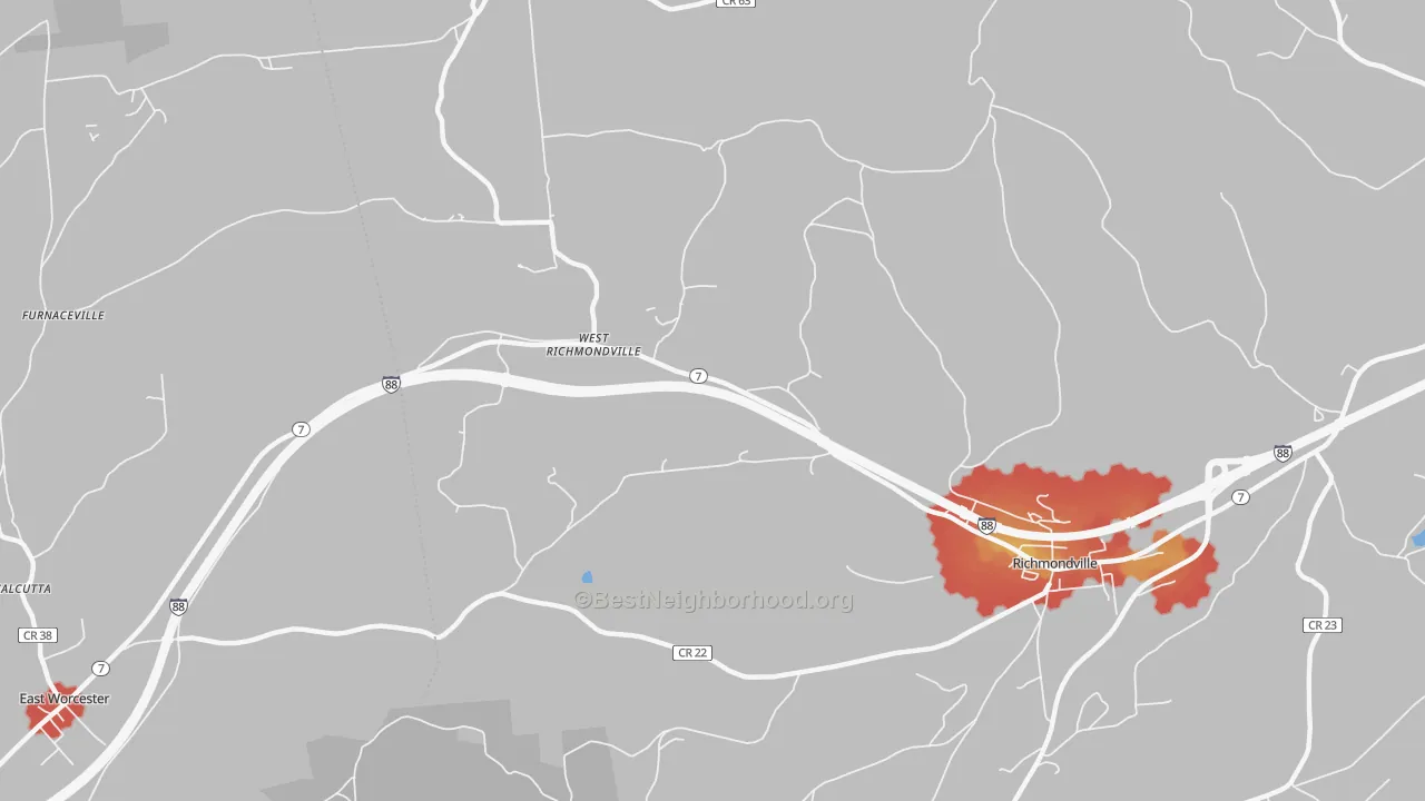 Walk Grade map of West Richmondville, NY, walkable areas in green and car-dependent areas in red