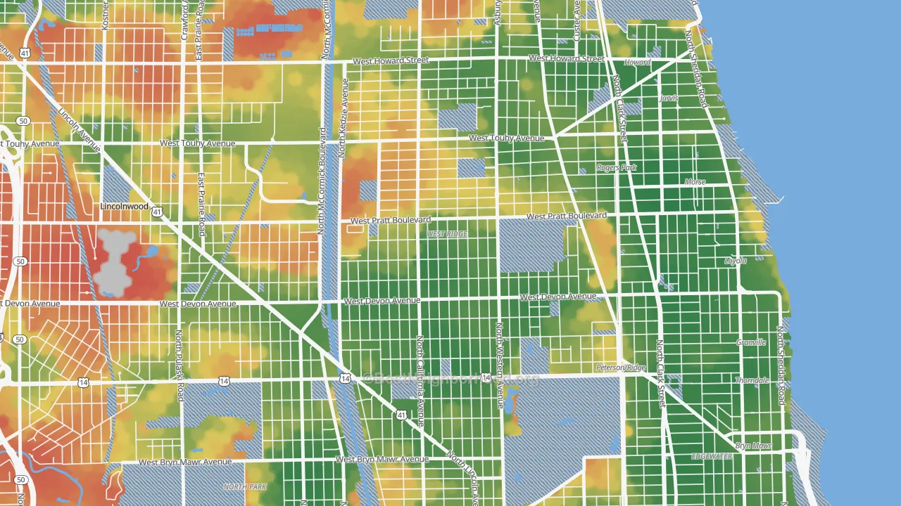 Walk Grade map of West Ridge, Chicago, IL, walkable areas in green and car-dependent areas in red