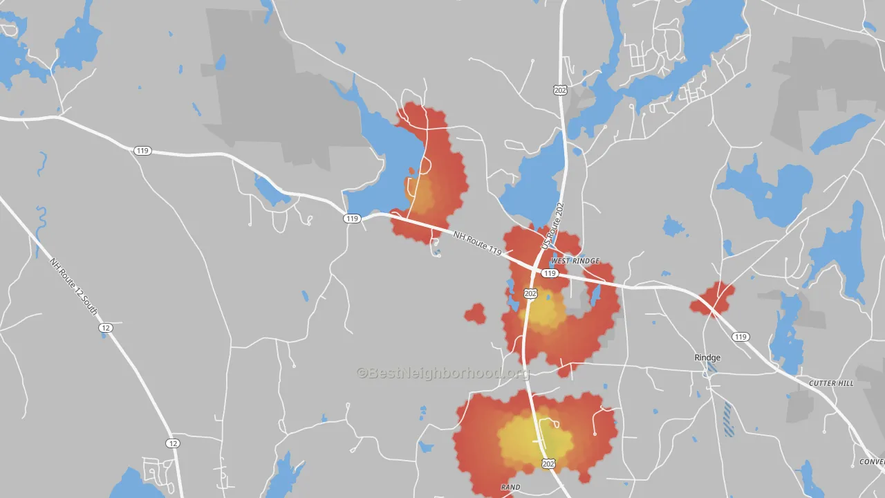 Walk Grade map of West Rindge, NH, walkable areas in green and car-dependent areas in red