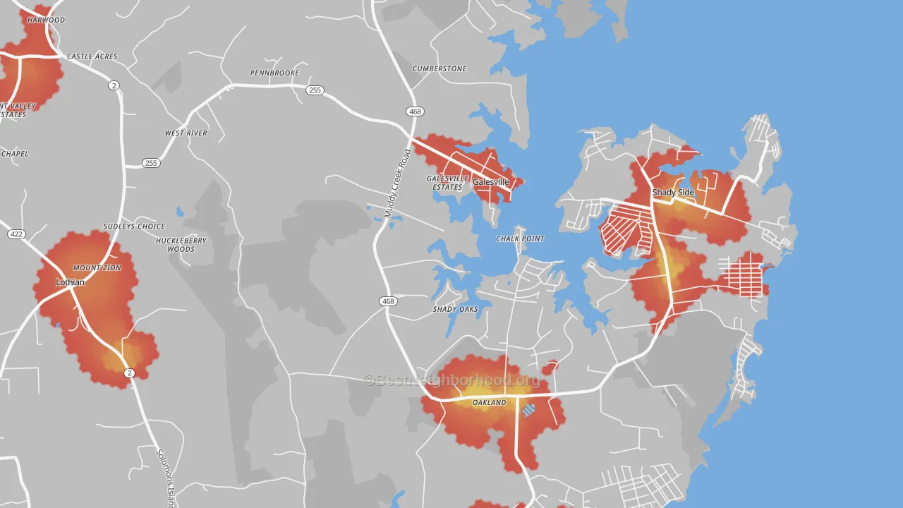 Walk Grade map of West River, MD, walkable areas in green and car-dependent areas in red