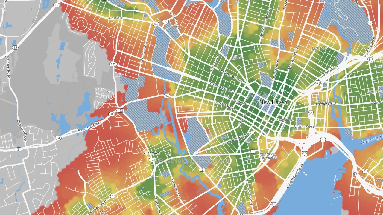 Walk Grade map of West River, New Haven, CT, walkable areas in green and car-dependent areas in red