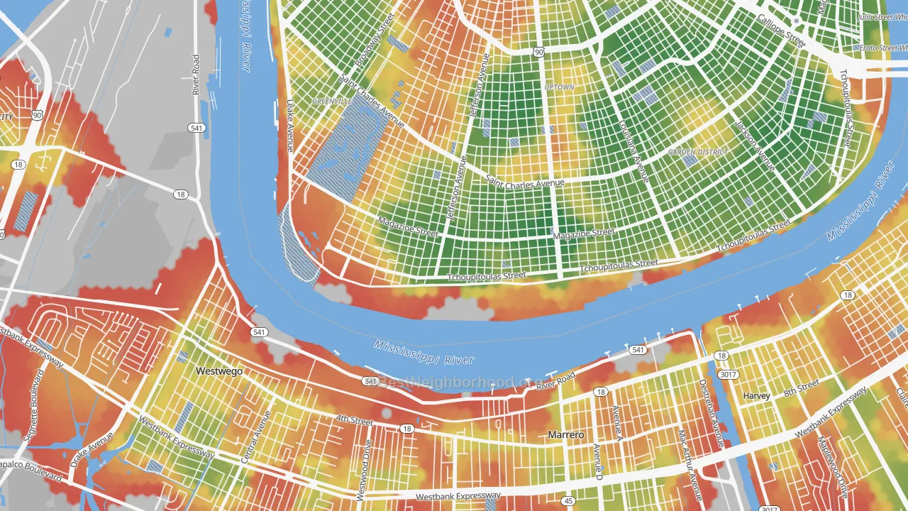 Walk Grade map of West Riverside, New Orleans, LA, walkable areas in green and car-dependent areas in red