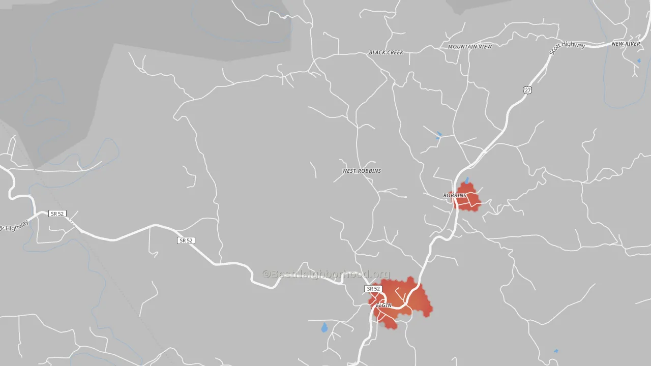 Walk Grade map of West Robbin, TN, walkable areas in green and car-dependent areas in red