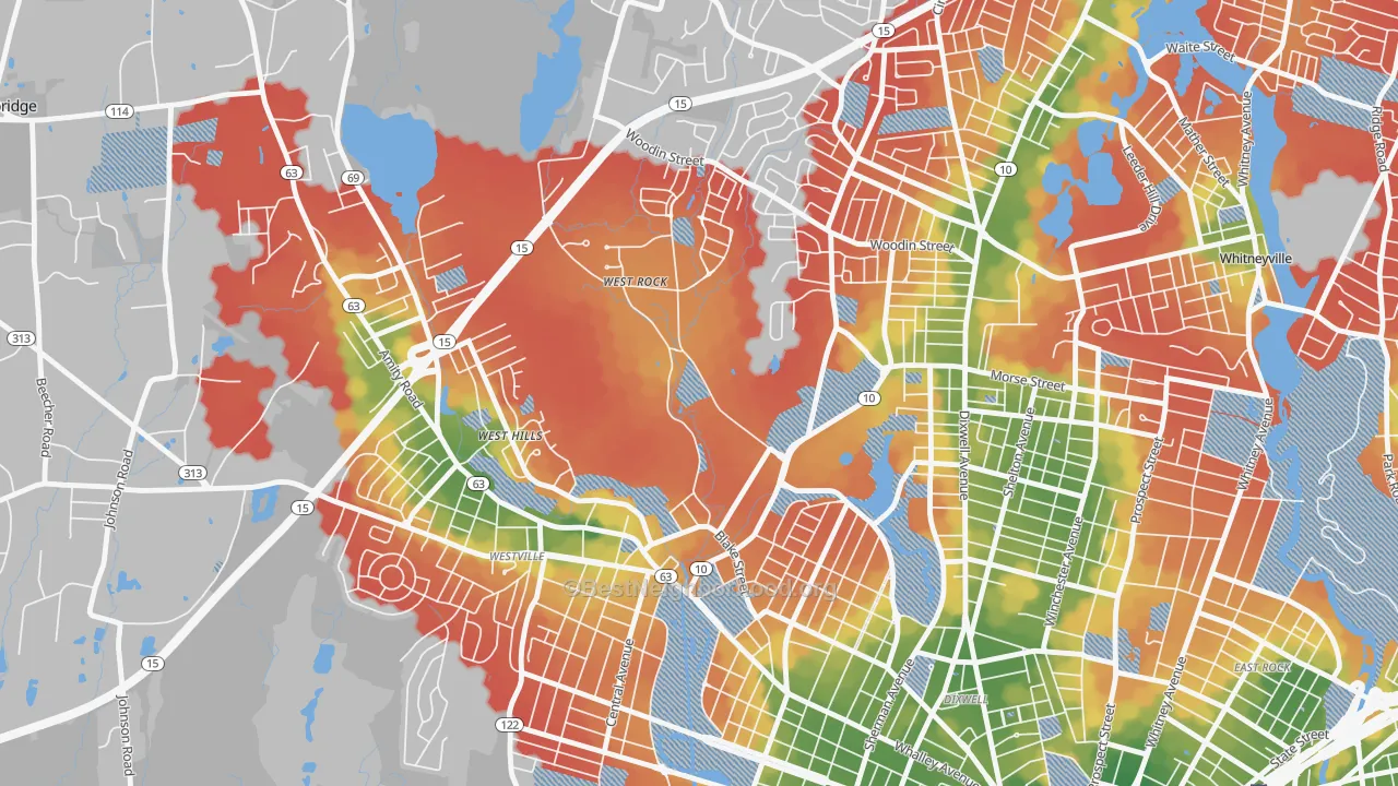 Walk Grade map of West Rock, New Haven, CT, walkable areas in green and car-dependent areas in red