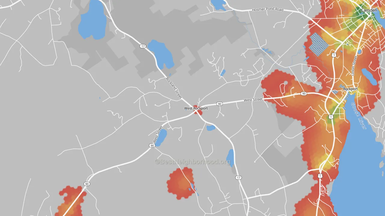 Walk Grade map of West Rockport, ME, walkable areas in green and car-dependent areas in red