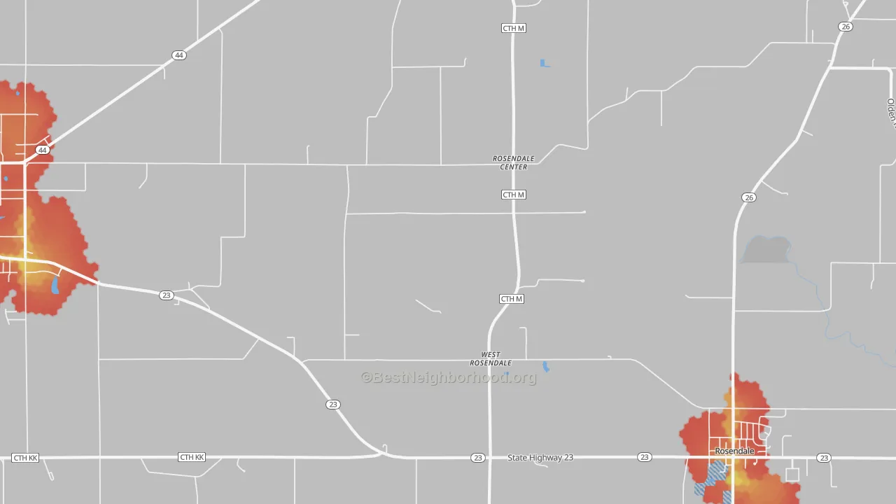 Walk Grade map of West Rosendale, WI, walkable areas in green and car-dependent areas in red