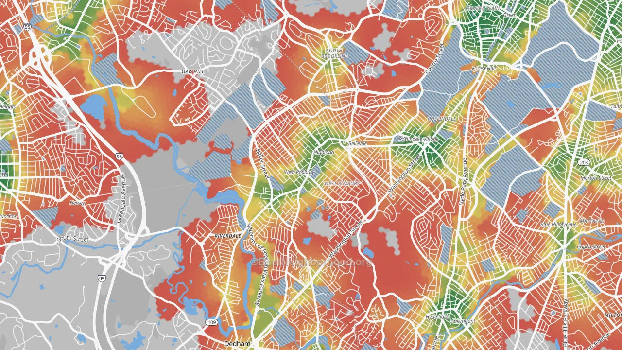 Walk Grade map of West Roxbury, MA, walkable areas in green and car-dependent areas in red