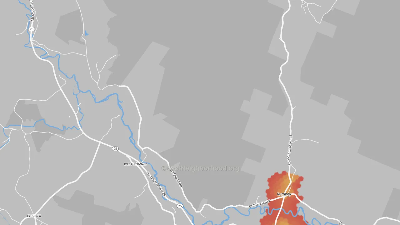 Walk Grade map of West Rumney, NH, walkable areas in green and car-dependent areas in red