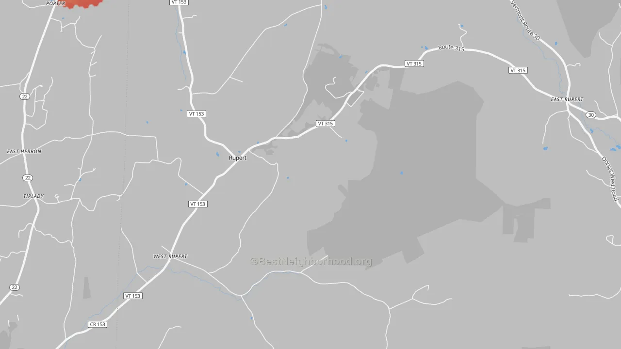 Walk Grade map of West Rupert, VT, walkable areas in green and car-dependent areas in red