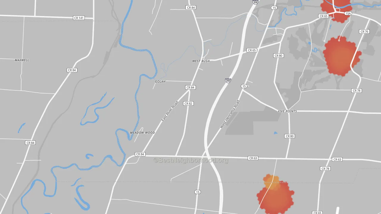 Walk Grade map of West Rush, NY, walkable areas in green and car-dependent areas in red