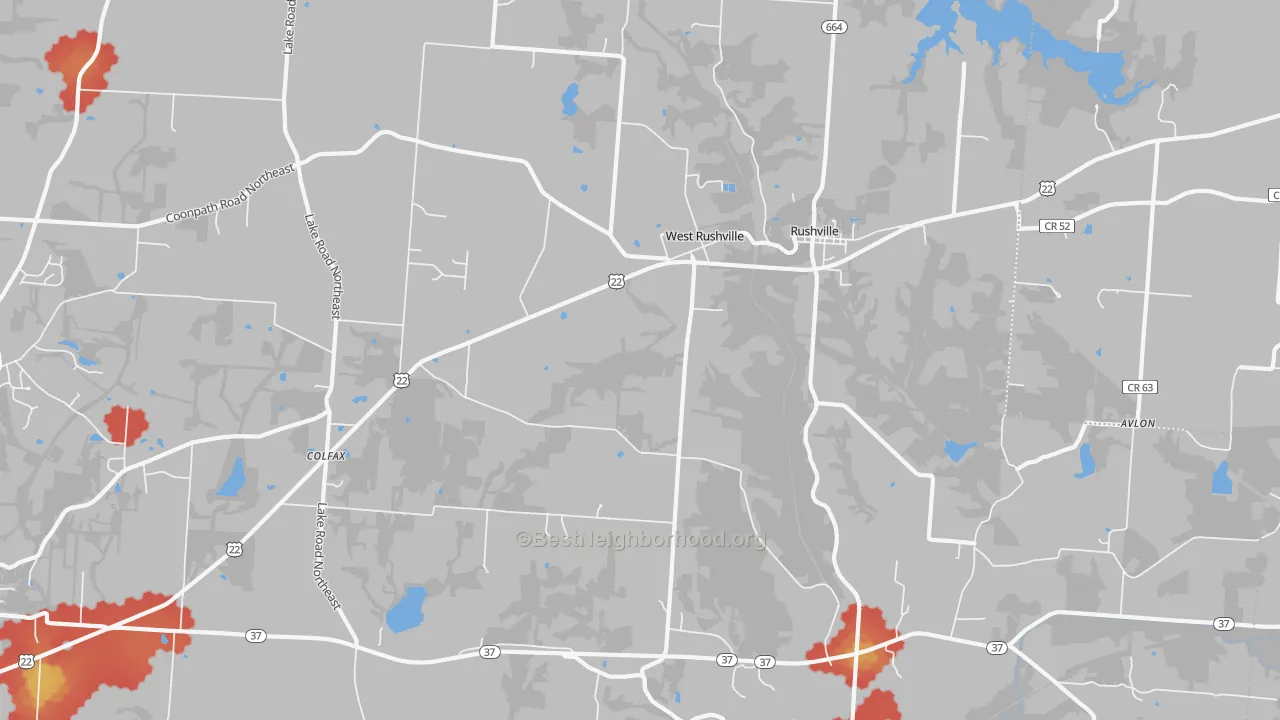Walk Grade map of West Rushville, OH, walkable areas in green and car-dependent areas in red