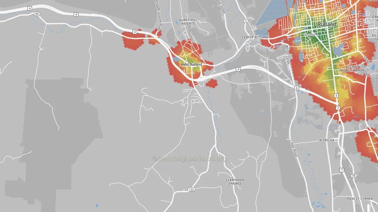 Walk Grade map of West Rutland, VT, walkable areas in green and car-dependent areas in red