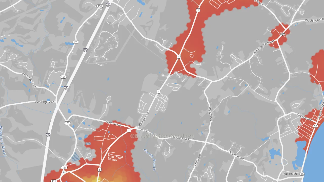 Walk Grade map of West Rye, NH, walkable areas in green and car-dependent areas in red