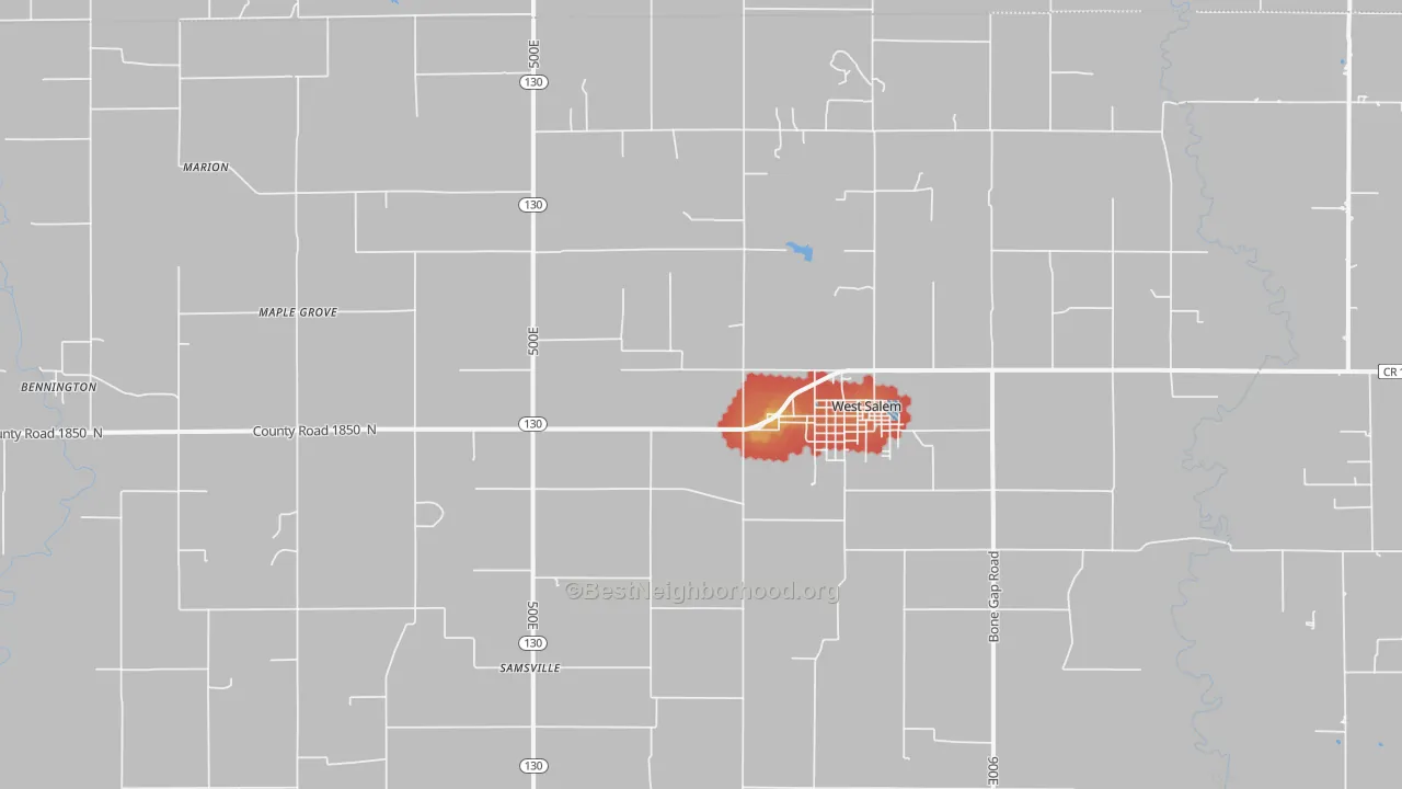 Walk Grade map of West Salem, IL, walkable areas in green and car-dependent areas in red