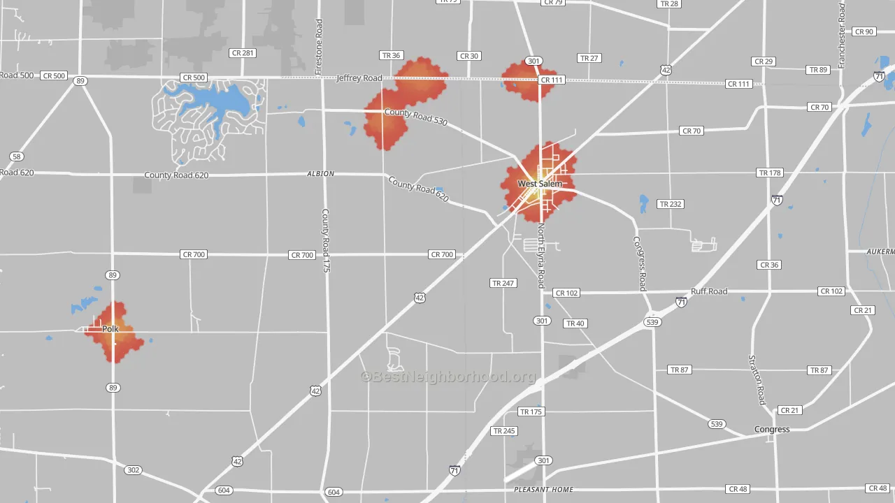 Walk Grade map of West Salem, OH, walkable areas in green and car-dependent areas in red