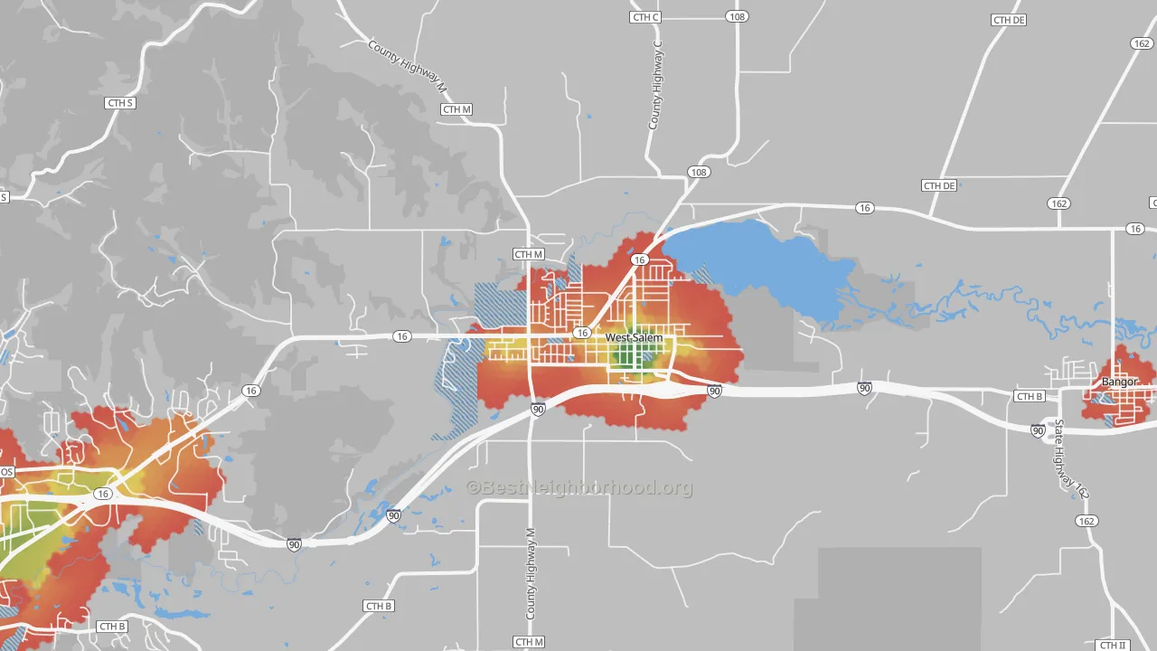 Walk Grade map of West Salem, WI, walkable areas in green and car-dependent areas in red