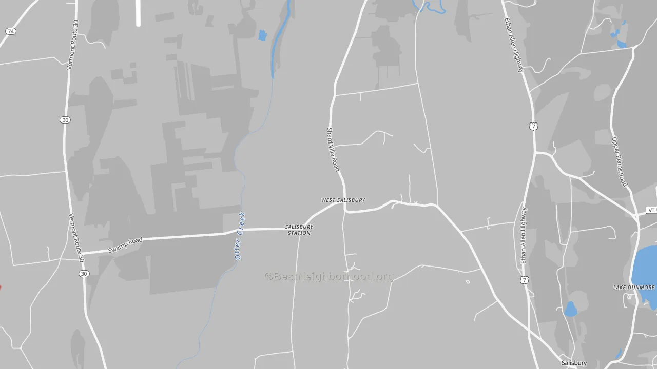 Walk Grade map of West Salisbury, VT, walkable areas in green and car-dependent areas in red