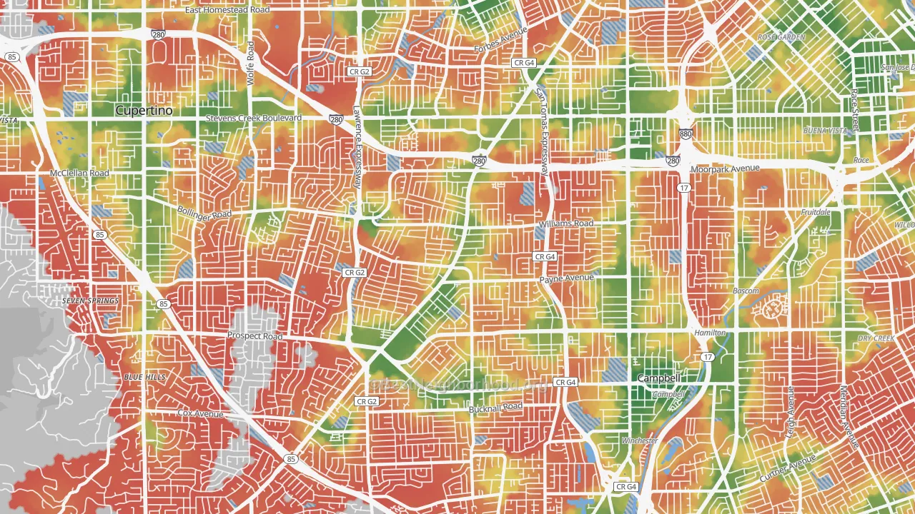 Walk Grade map of West San Jose, San Jose, CA, walkable areas in green and car-dependent areas in red