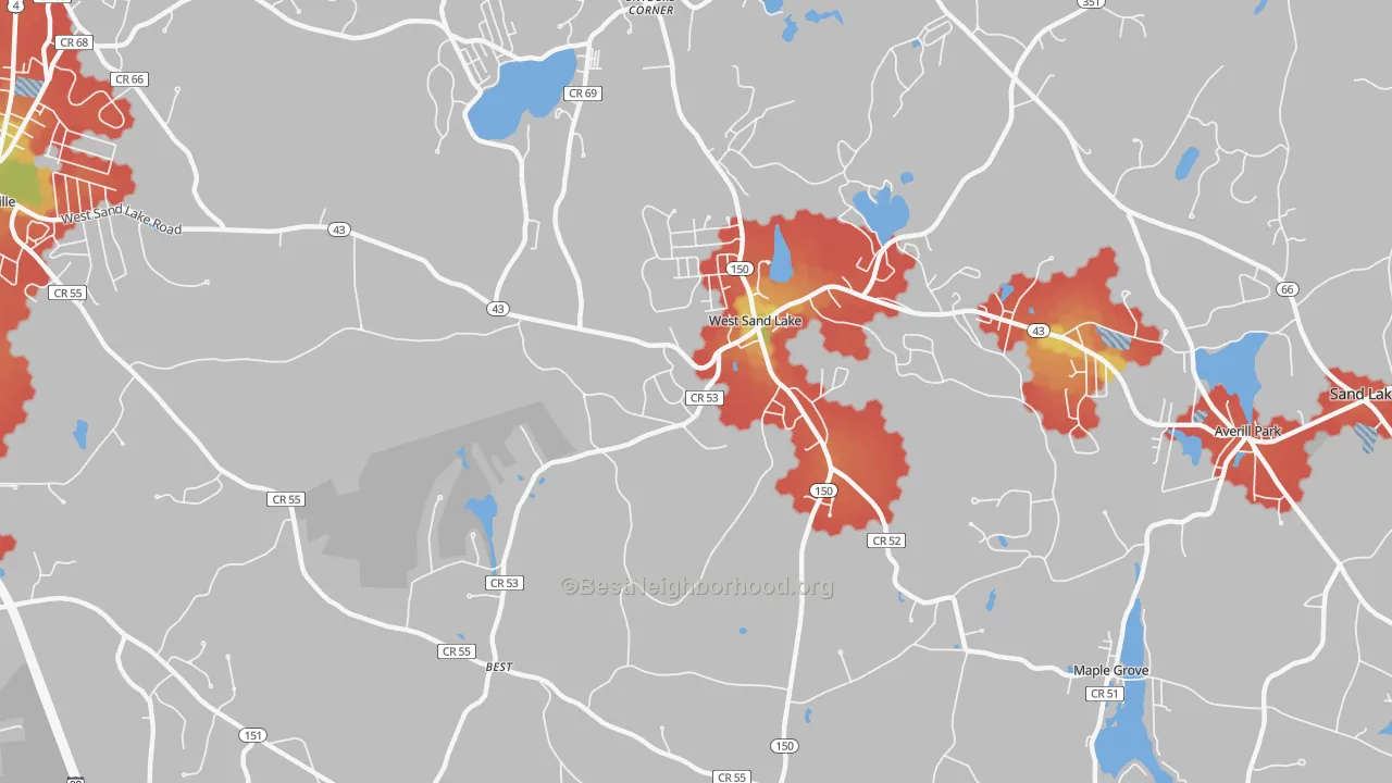 Walk Grade map of West Sand Lake, NY, walkable areas in green and car-dependent areas in red