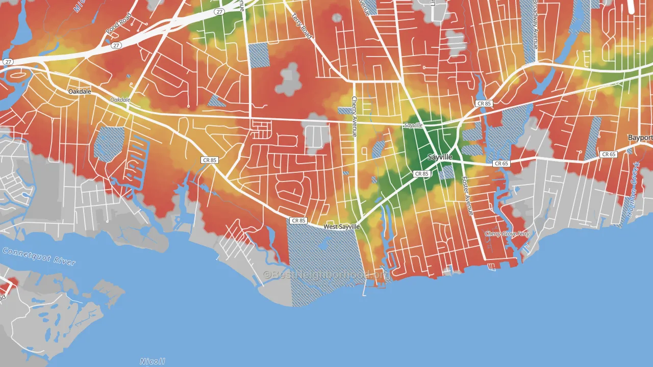 Walk Grade map of West Sayville, NY, walkable areas in green and car-dependent areas in red