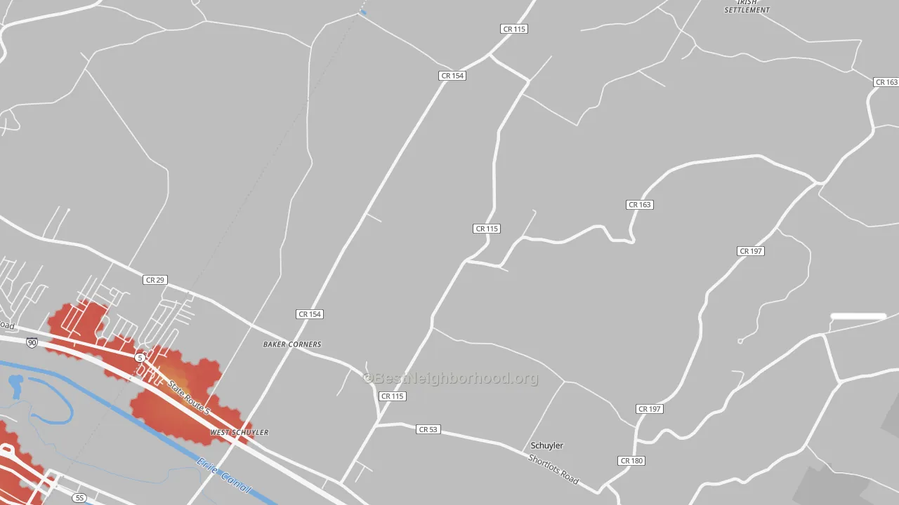 Walk Grade map of West Schuyler, NY, walkable areas in green and car-dependent areas in red