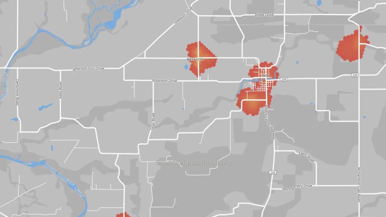 Walk Grade map of West Scio, OR, walkable areas in green and car-dependent areas in red