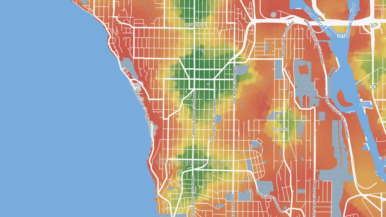 Walk Grade map of West Seattle, Seattle, WA, walkable areas in green and car-dependent areas in red