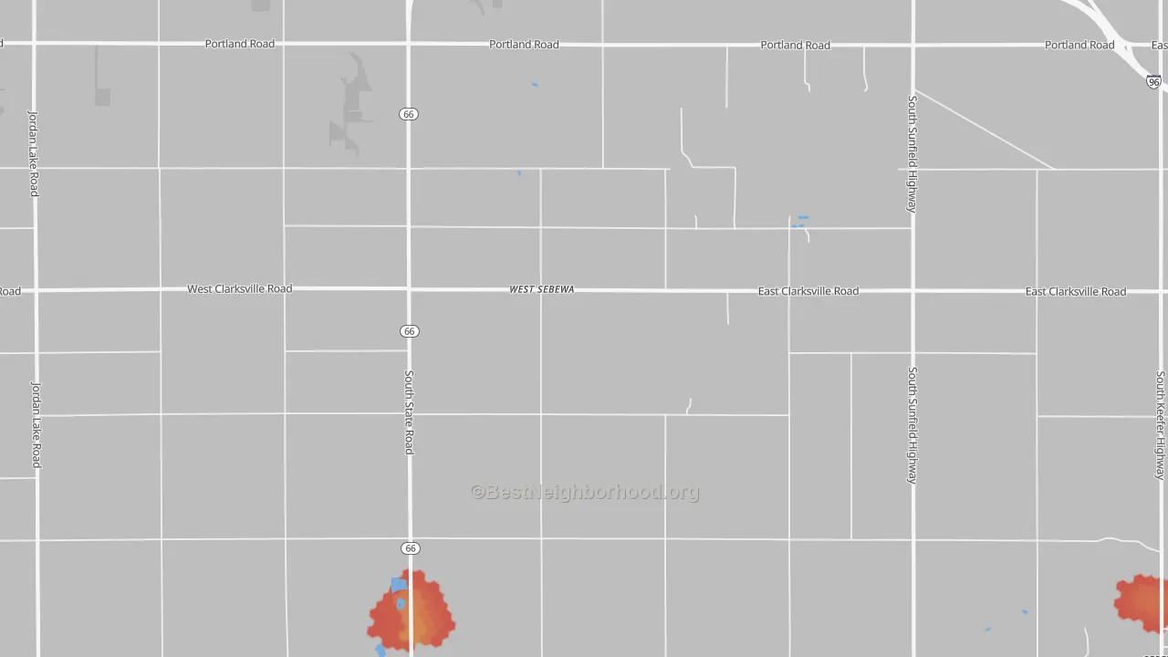 Walk Grade map of West Sebewa, MI, walkable areas in green and car-dependent areas in red