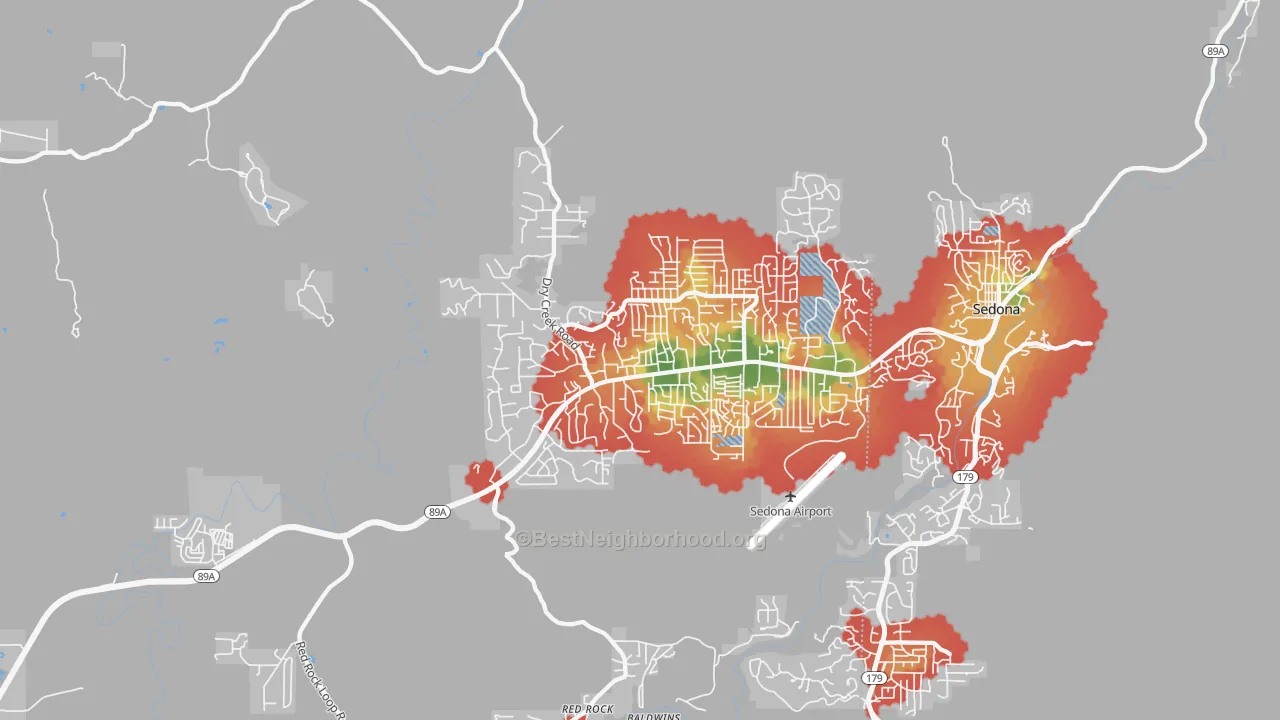 Walk Grade map of West Sedona, AZ, walkable areas in green and car-dependent areas in red