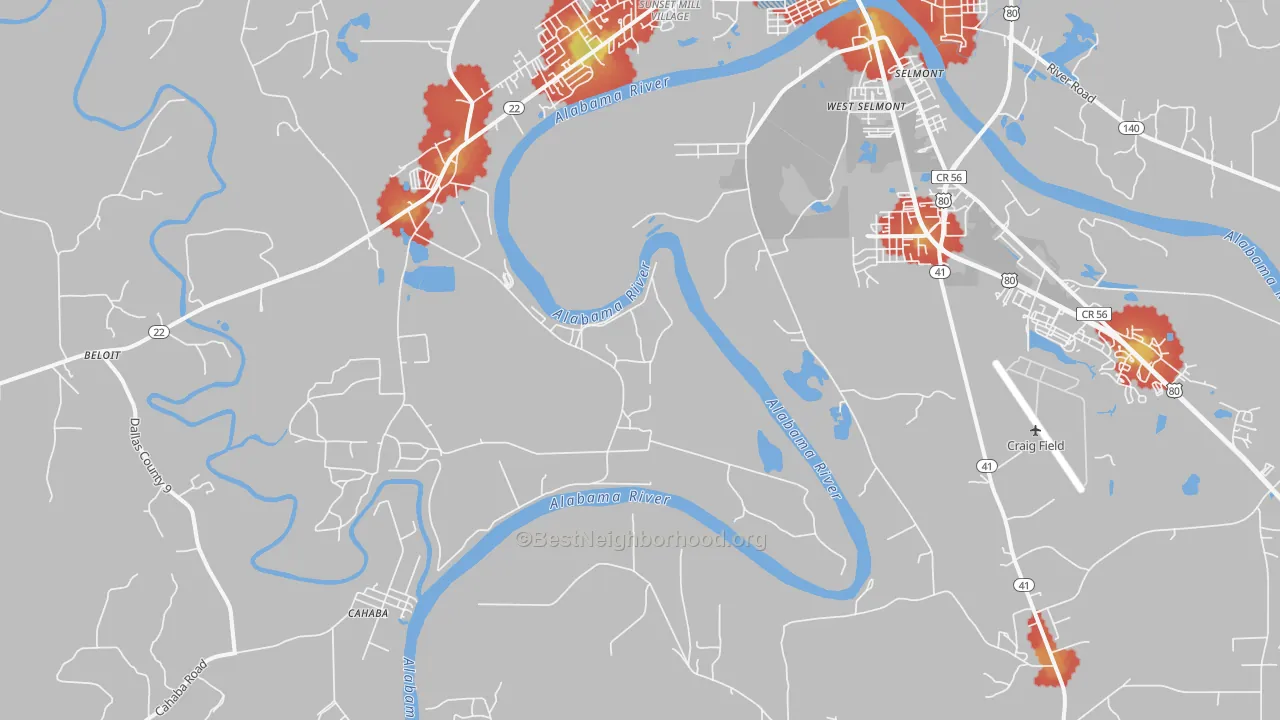 Walk Grade map of West Selmont, AL, walkable areas in green and car-dependent areas in red