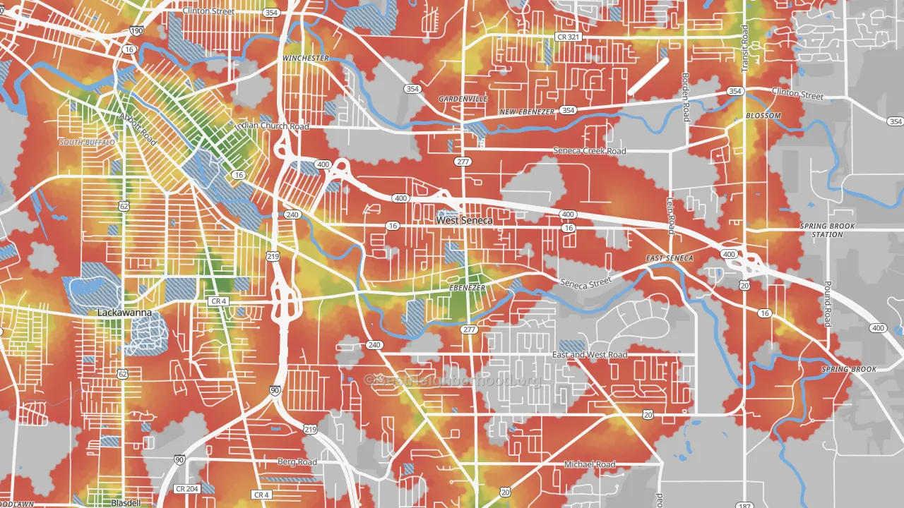 Walk Grade map of West Seneca, NY, walkable areas in green and car-dependent areas in red