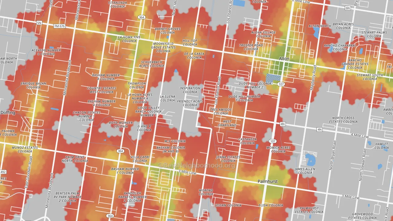 Walk Grade map of West Sharyland, Mission, TX, walkable areas in green and car-dependent areas in red