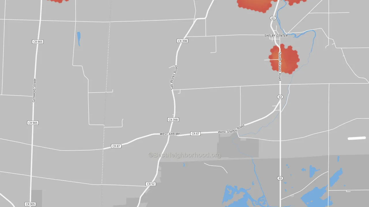 Walk Grade map of West Shelby, NY, walkable areas in green and car-dependent areas in red