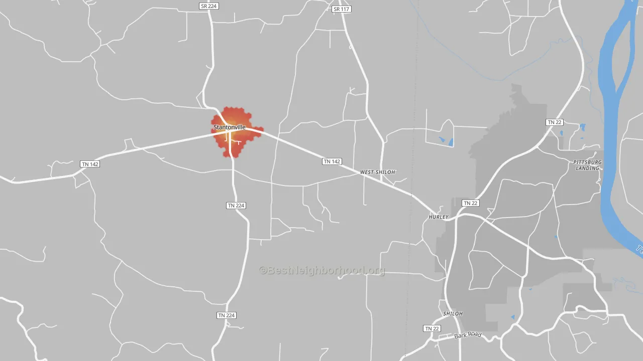 Walk Grade map of West Shiloh, TN, walkable areas in green and car-dependent areas in red