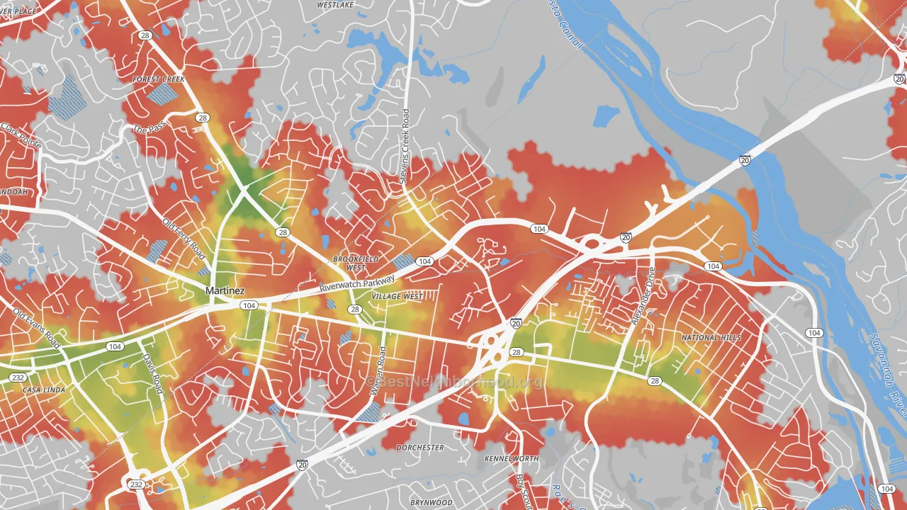 Walk Grade map of West Side, Augusta, GA, walkable areas in green and car-dependent areas in red