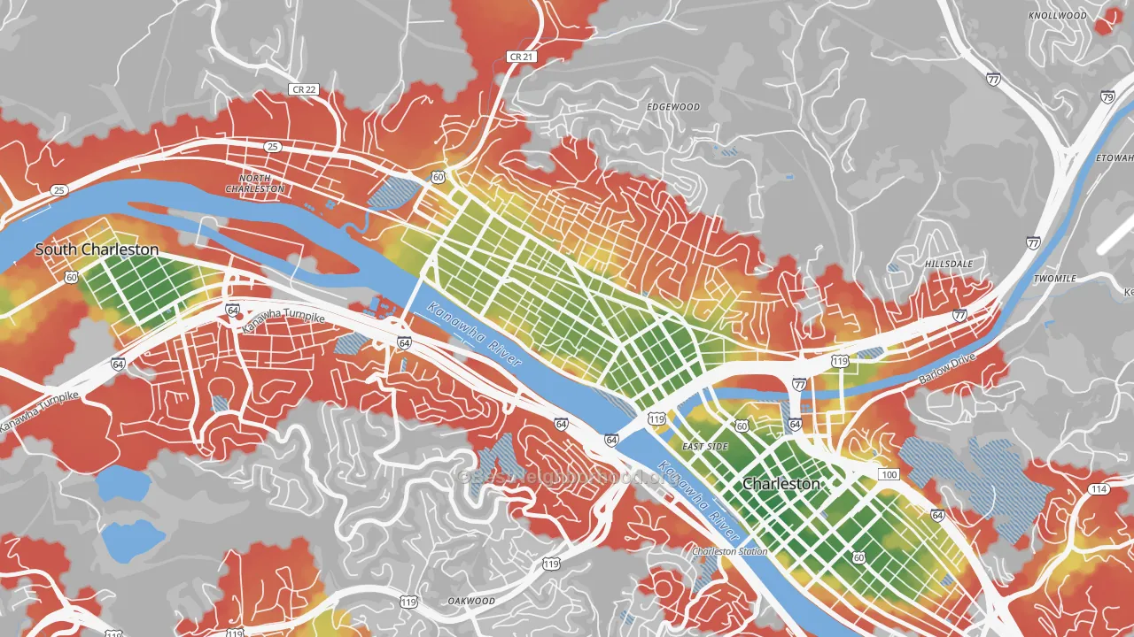 Walk Grade map of West Side, Charleston, WV, walkable areas in green and car-dependent areas in red