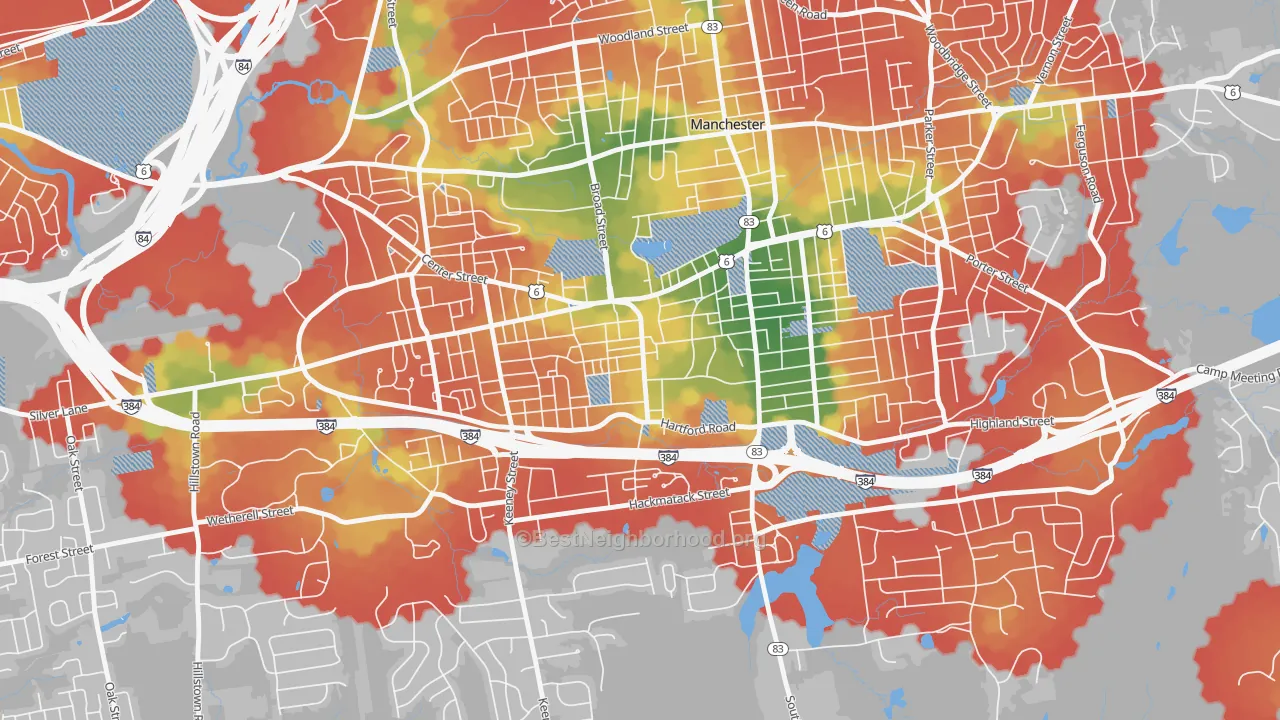 Walk Grade map of West Side Hartford, Manchester, CT, walkable areas in green and car-dependent areas in red