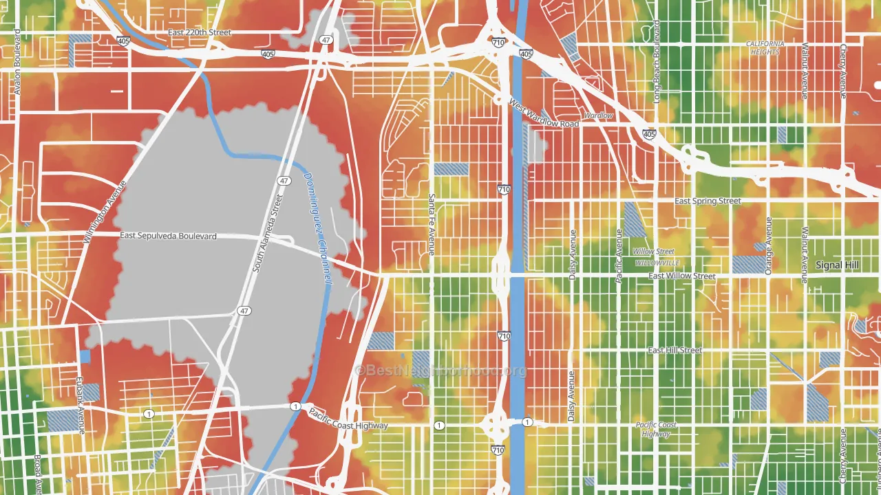 Walk Grade map of West Side, Long Beach, CA, walkable areas in green and car-dependent areas in red