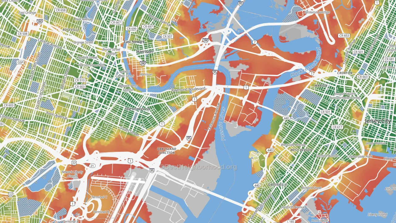 Walk Grade map of West Side, Newark, NJ, walkable areas in green and car-dependent areas in red