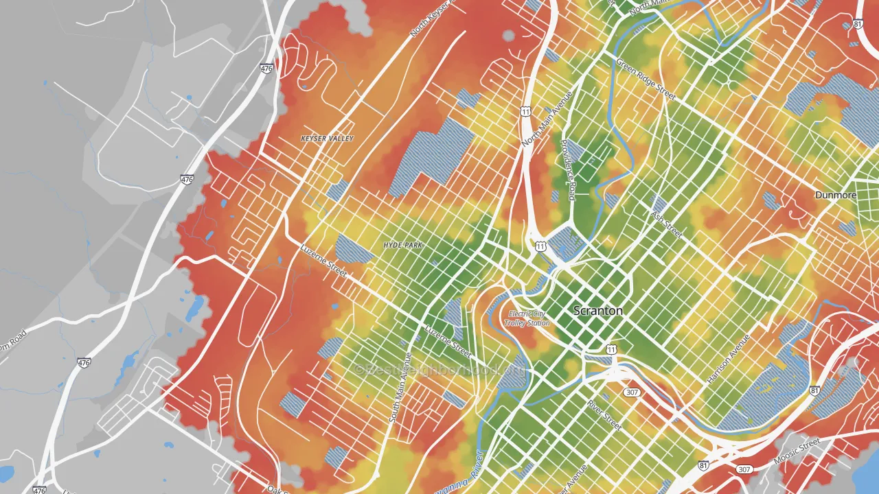 Walk Grade map of West Side, Scranton, PA, walkable areas in green and car-dependent areas in red