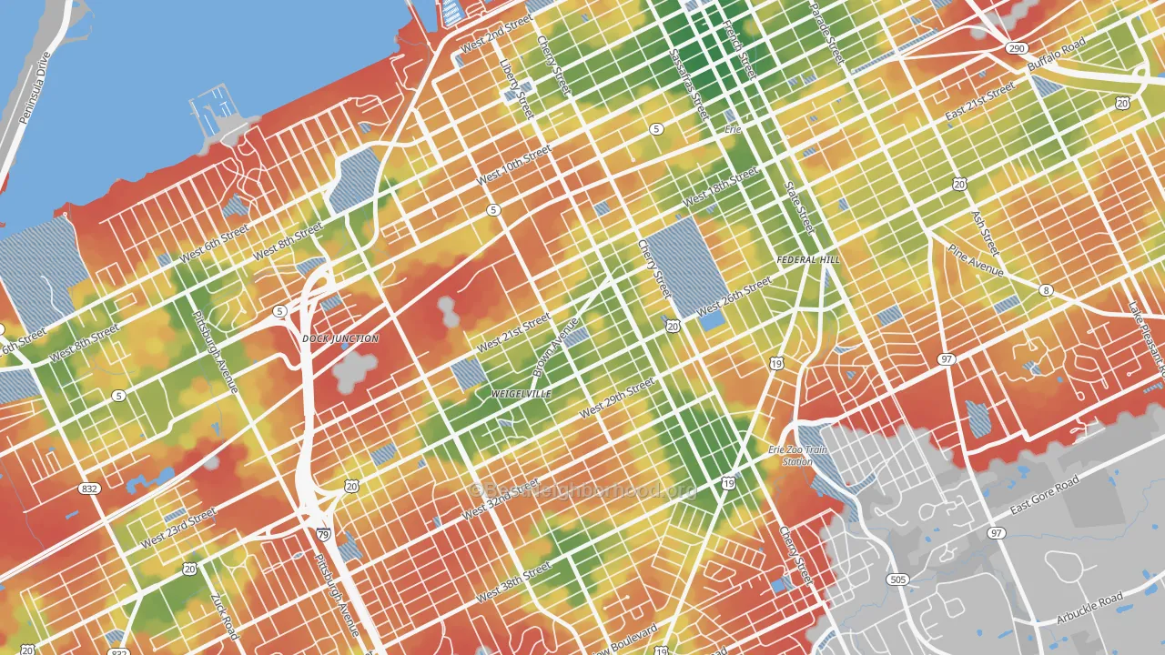 Walk Grade map of West Side Squires, Erie, PA, walkable areas in green and car-dependent areas in red