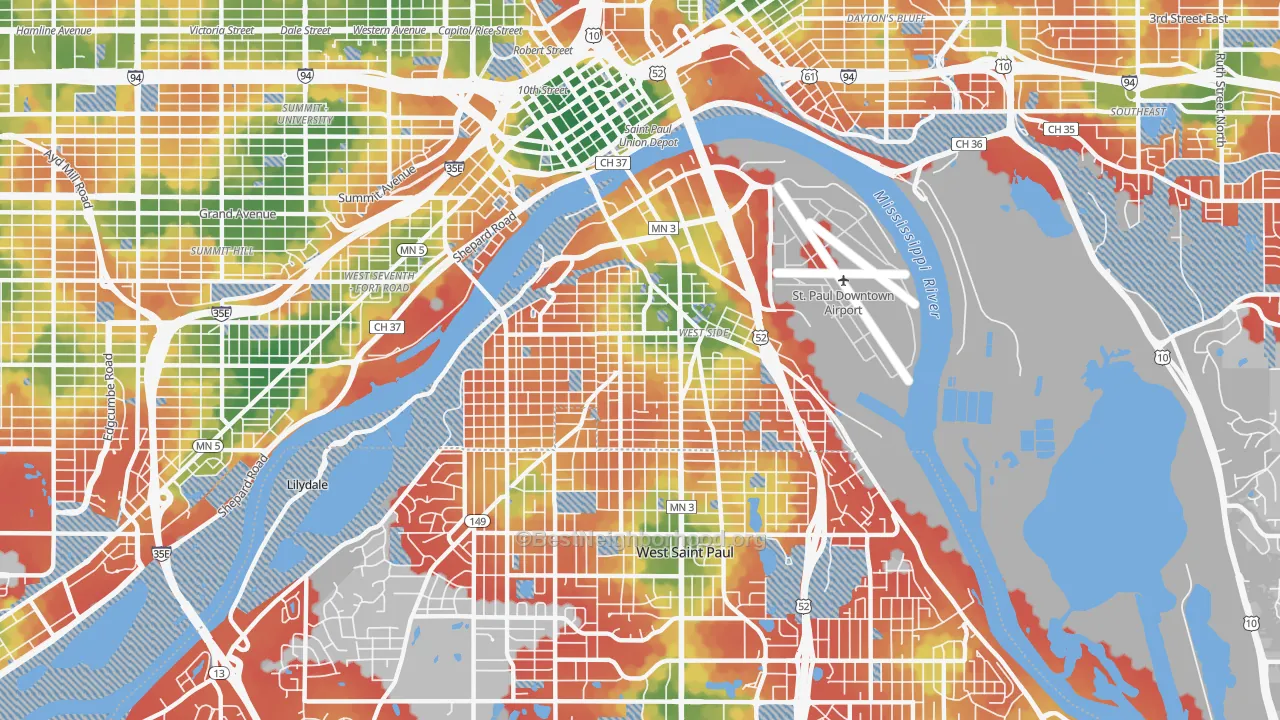 Walk Grade map of West Side, St. Paul, MN, walkable areas in green and car-dependent areas in red