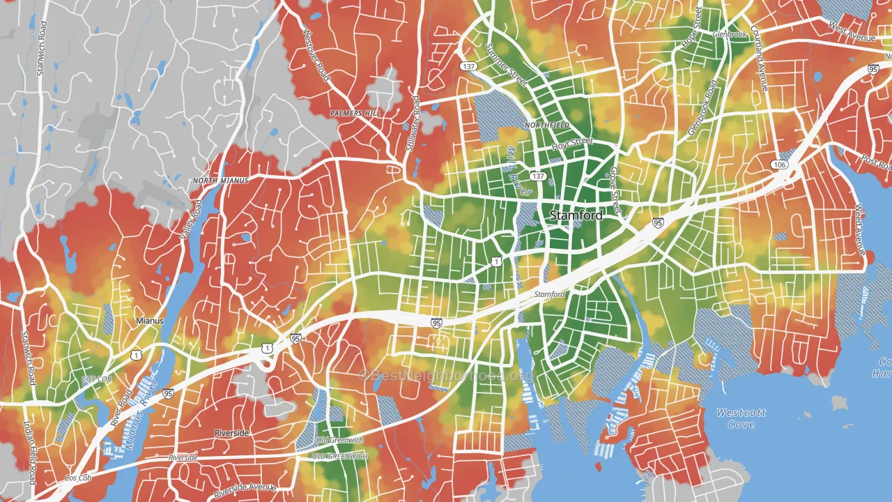 Walk Grade map of West Side, Stamford, CT, walkable areas in green and car-dependent areas in red