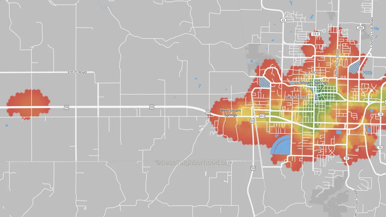 Walk Grade map of West Siloam Springs, OK, walkable areas in green and car-dependent areas in red