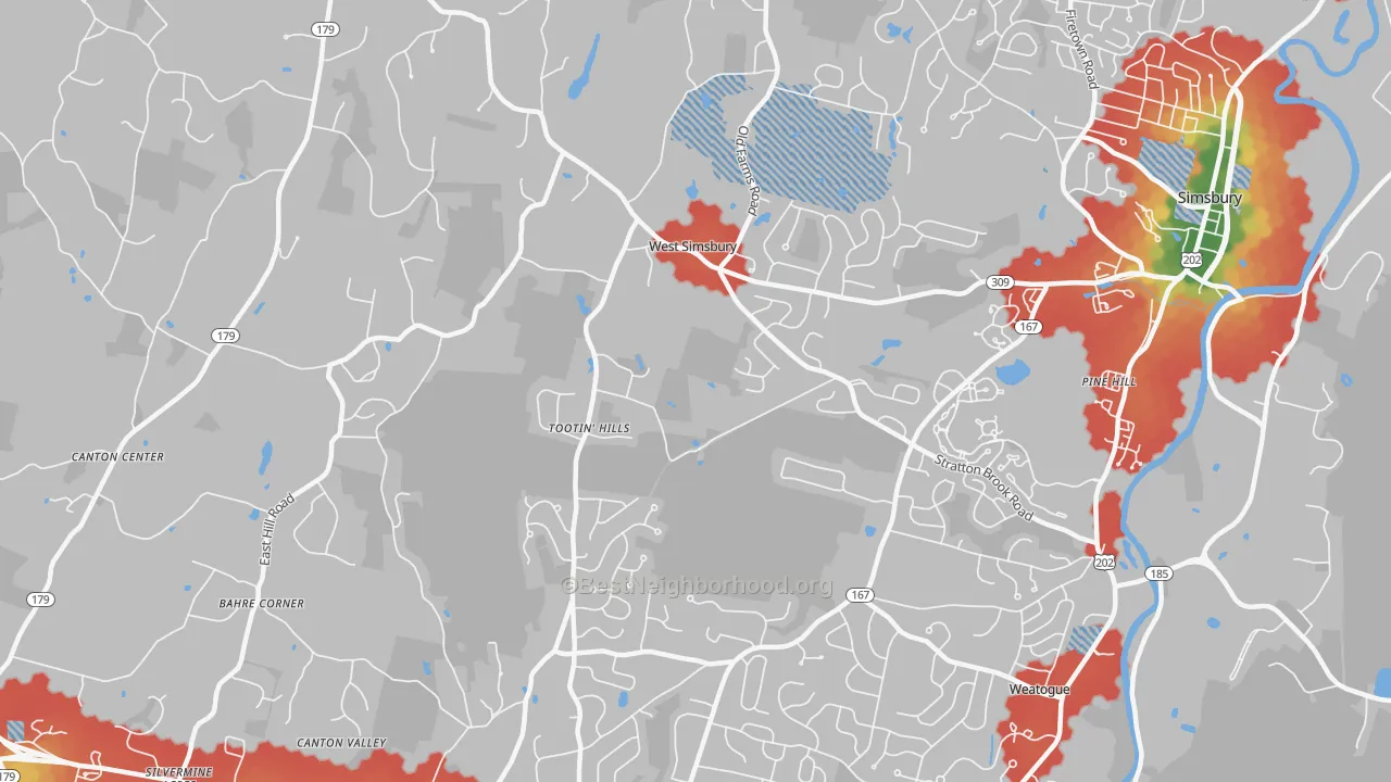 Walk Grade map of West Simsbury, CT, walkable areas in green and car-dependent areas in red