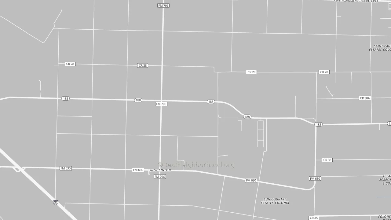 Walk Grade map of West Sinton, TX, walkable areas in green and car-dependent areas in red