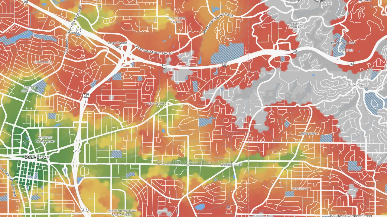 Walk Grade map of West Slope, Beaverton, OR, walkable areas in green and car-dependent areas in red